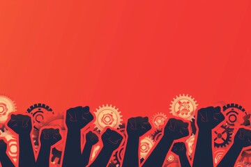 Minimalist Labor Day Theme with Geometric Fists, Gears, and Union Symbols Border

