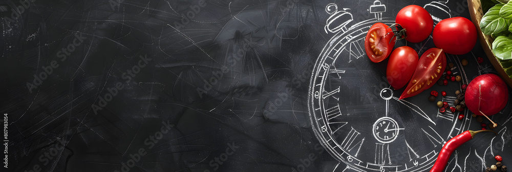 Poster top down view of a black, flat matte surface. a simple chalk drawing of a clock face and various foo