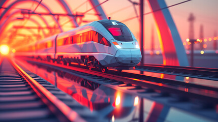 Modern high-speed train traveling on tracks at sunset with vibrant sky. Futuristic train crossing a bridge in a dramatic sunset setting. leek passenger train in motion on a vivid evening landscape - obrazy, fototapety, plakaty