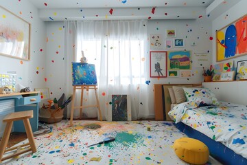 interior design ideas of bedrooms for kids, modern and unique ideas for bedrooms, art, paint themed bedroom, kids' bedroom design ideas