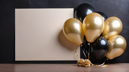 Black and gold balloons in front of a blackboard with copy space