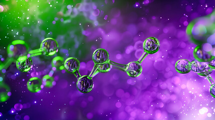 Vibrant molecular structures illuminated by purple and green lights. Spherical atoms connected by lines create intricate bonds. Dynamic and educational.