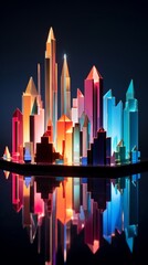 Crystal city skyline at twilight, prismatic towers, reflected light, geometric papercraft, papercut 3D style
