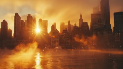 A city skyline illuminated by the rising sun, urban awakening to morning's glow