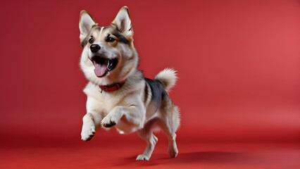 Studio shot of an adorable mixed breed dog standing on red background.