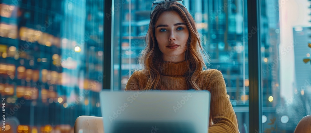 Poster caucasian woman using laptop computer in bright office in downtown skyscraper. marketing manager smi