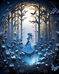 Fairy queen in a moonlit glen, shimmering wings, woodland court, magical being, papercut 3D style