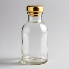 A clear glass bottle with a cap, standing on a white background