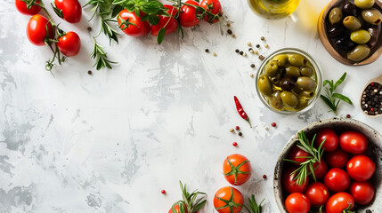 Fresh Mediterranean ingredients: vibrant red tomatoes, olives, and fragrant herbs on a rustic white surface, accompanied by a bottle of olive oil.