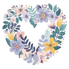 pastel colours spring flowers in flat illustration in a shape of a heart on white background