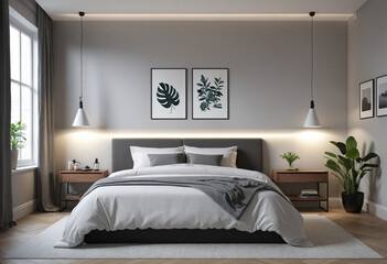  Generative AI technology creates an illustration of a stylish interior with a cozy grey bedroom featuring contemporary design and natural elements  