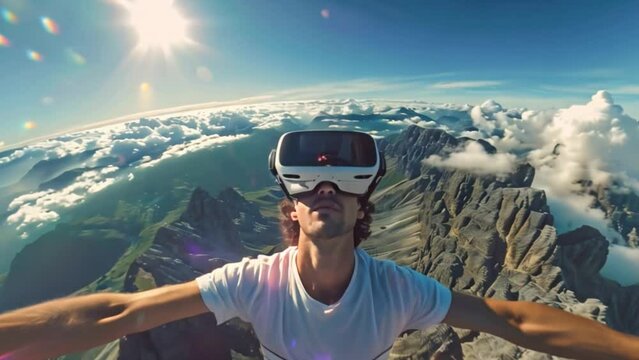 Man is engaged in a VR simulation, spreading arms as if soaring above a mountainous landscape.