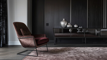 A modern, luxury living room with a dark, black wall that exudes sophistication, complementing a streamlined, metal-framed chair in a rich, burgundy velvet. 