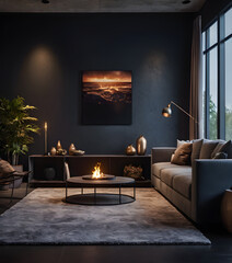Modern cozy interior of living room with poster canvas on empty black color wall background