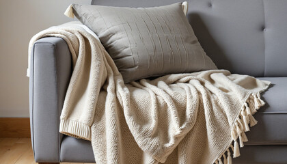 white beige cloth blanket on grey contemporary soft and comfort armchair close up beautiful cosy living room interior design detail element house design concept
