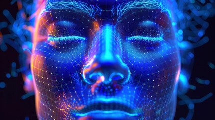 Abstract portrait of a woman with glowing blue lines highlighting her eyes and lips, digital art concept
