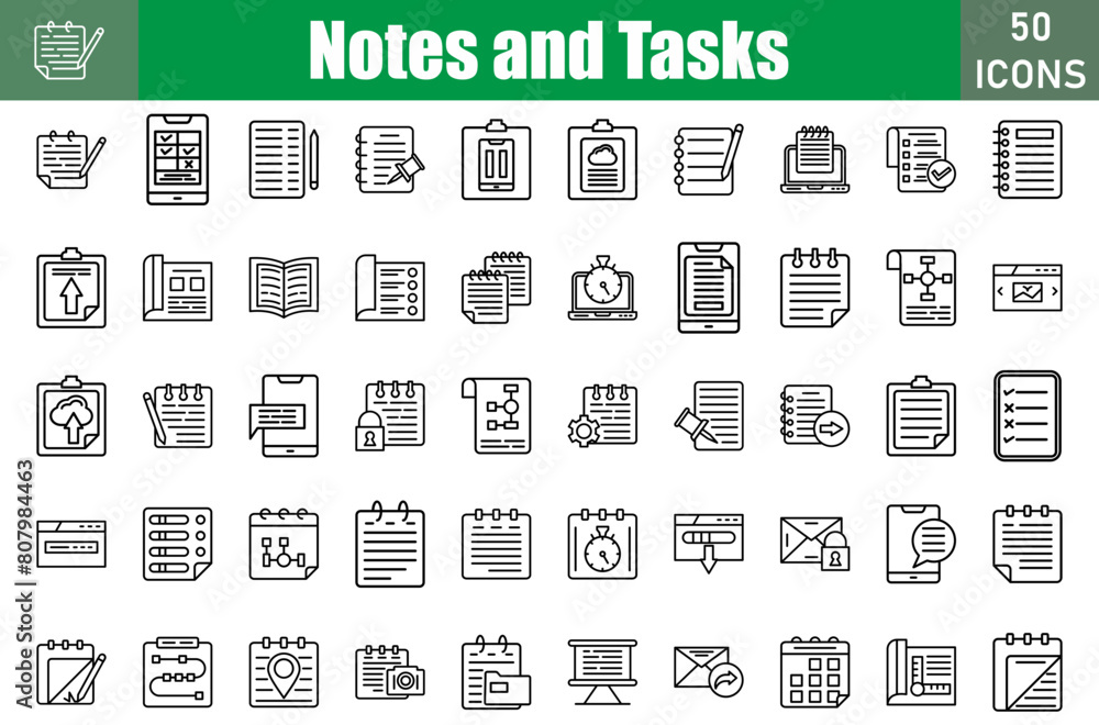 Sticker Notes And Tasks icon set. Containing Book, diary, note, notebook, notepad, notes and more. Vector web icons collection