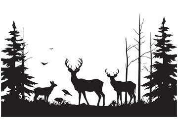 Fototapeta premium Forest trees silhouettes, deer animal and duck flock, hunting sport. Vector nature landscape or wildlife scene background with pine woods and fallen tree