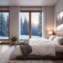 modern bedroom in winter landscape with snow covered trees