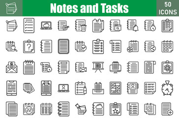 Notes And Tasks icon set. Containing Book, diary, note, notebook, notepad, notes and more. Vector web icons collection