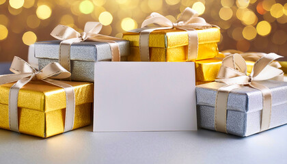 Elegant gold and silver gift boxes with cream ribbons, featuring a blank white card, set against a festive bokeh background.