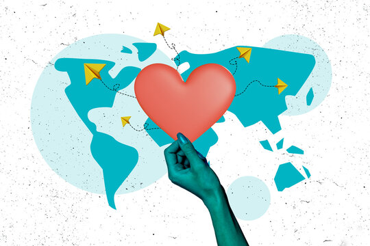 Creative collage of hand hold heart send message valentine day world map bizarre unusual fantasy billboard comics - Powered by Adobe
