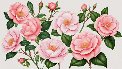 collection of soft pastel camellias flowers isolated on a transparent background, generative ai