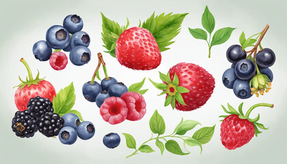 AI-generated collection of botanical elements in soft watercolor, perfect for graphic design layouts, with a selection of isolated berries on a transparent background 