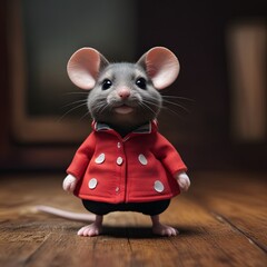 A small gray mouse wearing a red coat and a red hat