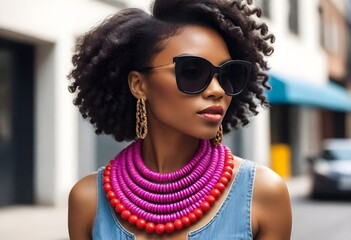Fototapeta na wymiar Fashionforward black woman posing in oversized sun (1)