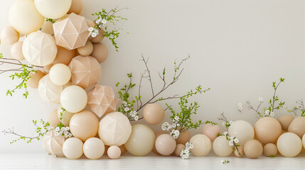 A modern spring balloon installation, with geometrically shaped balloons in shades of beige and ivory, interspersed with lifelike sprigs of greenery and small white blossoms, 