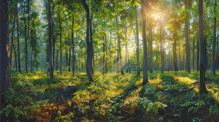 A panoramic view of the sun shining through trees in an enchanting forest, casting dappled light on lush green foliage and tall tree trunks,Generative AI illustration.