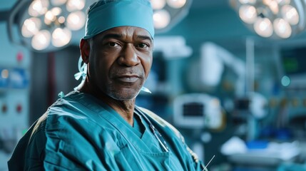  a surgeon in scrubs, holding a scalpel with a focused expression, modern operating room, diverse surgeon, high-tech equipment - Powered by Adobe