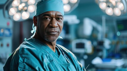  a surgeon in scrubs, holding a scalpel with a focused expression, modern operating room, diverse surgeon, high-tech equipment
