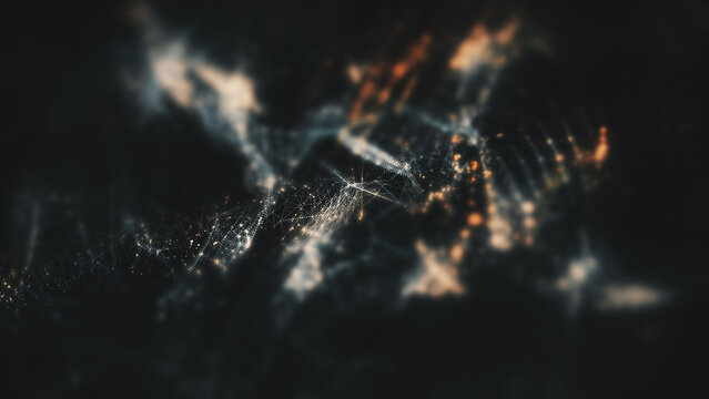 Futuristic abstract particles de-focus in cyber space digital background environment.
Created in After Effects using Trapcode Form / Particular