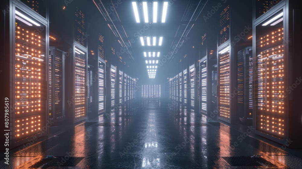 Poster a large, industrial server room filled with rows of glowing computers.