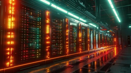 Fototapeta premium a large, industrial server room filled with rows of glowing computers. 