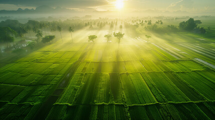 Sunbeams break through morning mist, casting a dramatic light over a lush tropical valley, highlighting vibrant green rice fields and dense forest.