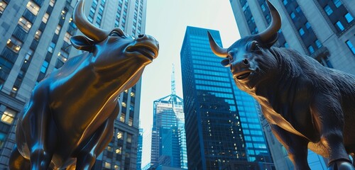 Magnificent statues of a bull and bear standing proudly amidst the hustle and bustle of Wall...