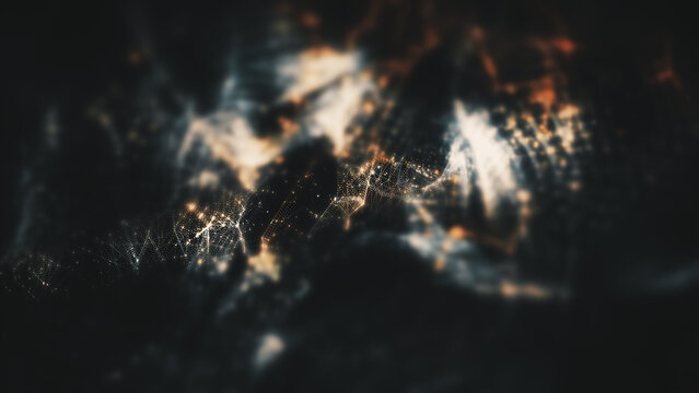 Futuristic abstract particles de-focus in cyber space digital background environment.
Created in After Effects using Trapcode Form / Particular