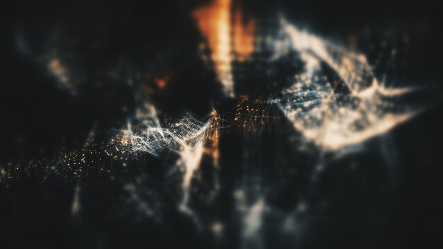 Futuristic abstract particles de-focus in cyber space digital background environment.
Created in After Effects using Trapcode Form / Particular