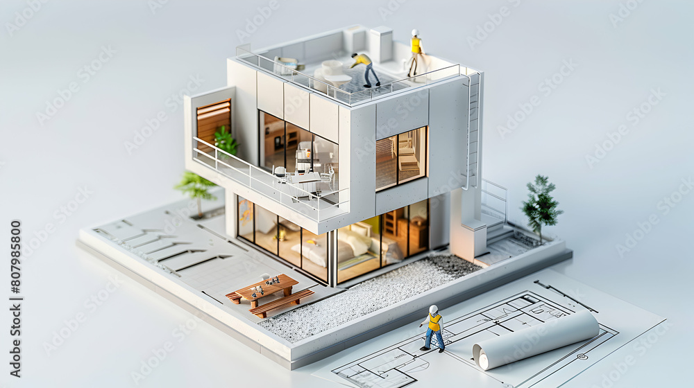 Poster 3d flat icon of structural engineer reviewing building plans to ensure safety standards and architec