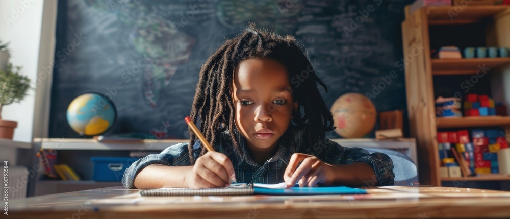 Poster in primary school, a smart little black boy with dreadlocks writes down notes in his notebook, findi