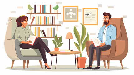 Fototapeta premium Vector illustration of a married couple on a sofa and an elderly psychologist