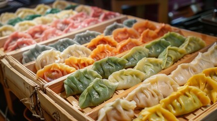 A colorful array of freshly made dumplings ready for steaming or frying