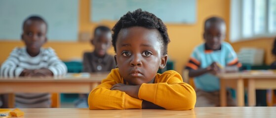 Cute little African boy with stylish hair seated behind a desk in an elementary school class. Young pupil is concentrating on a lecture he is listening to. - Powered by Adobe