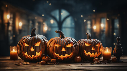 Fototapeta premium Pumpkins with evil faces on rustic table against the backdrop of dark mystical room, Halloween concept
