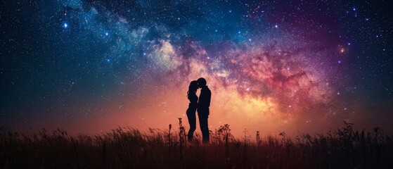 A couple kissing romantically under a sky full of stars