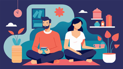 A man with PTSD and his partner create a safe and calming space in their home for him to retreat to when he experiences triggers or flashbacks.. Vector illustration