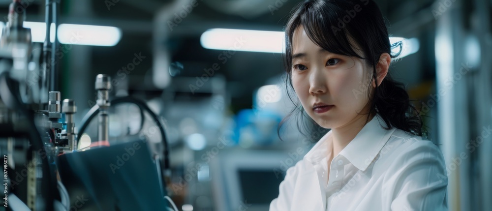 Poster japanese engineer using laptop computer and looking around a factory facility producing modern elect